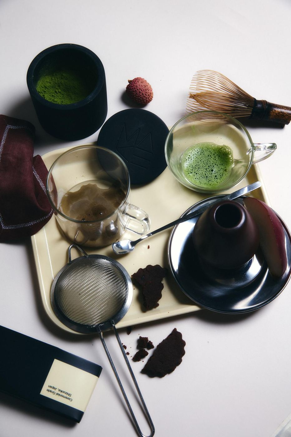 MAKE matcha tools and tea on a tray